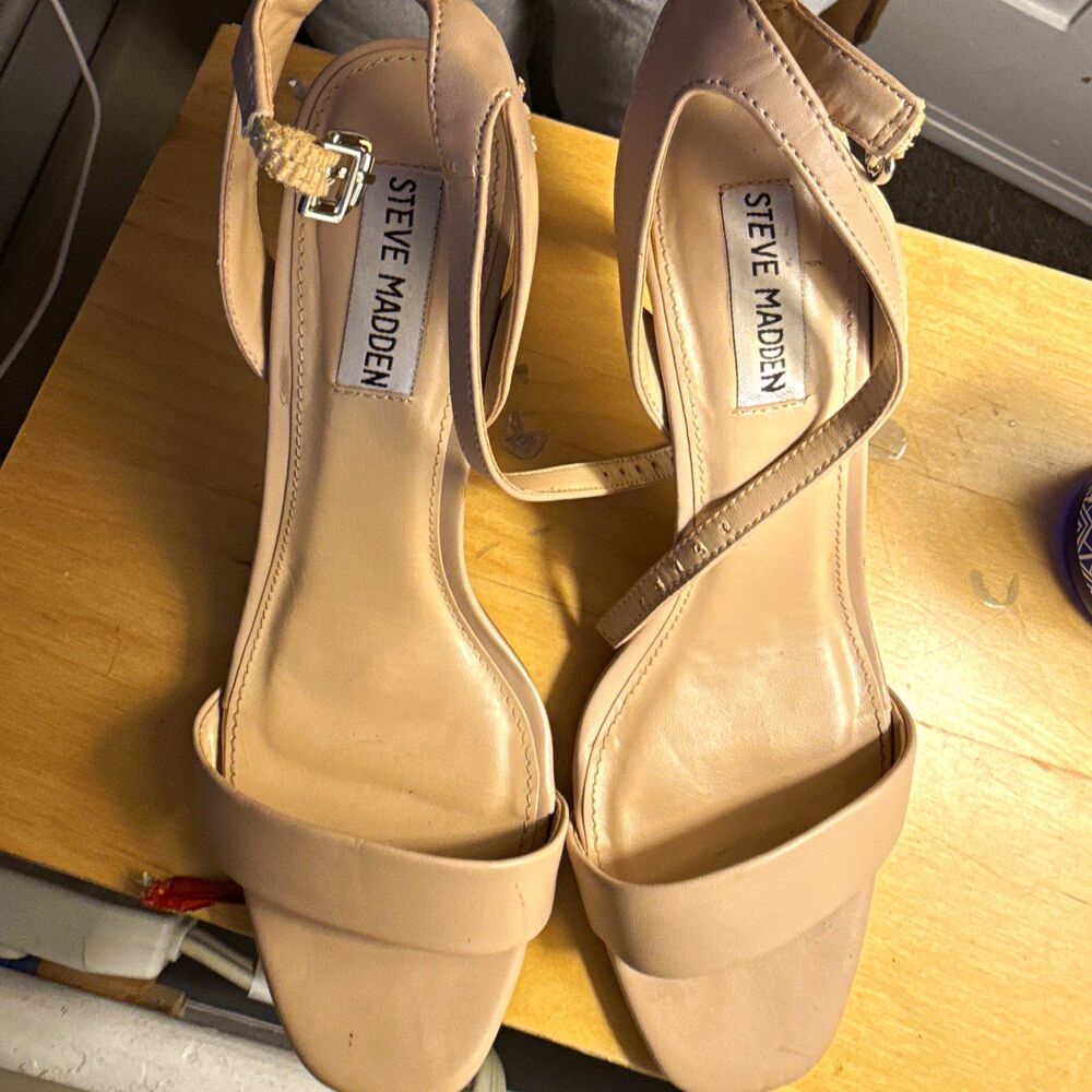 Steve Madden Women’s Beige Strappy Open Toe Ankle Strap Buckle Stiletto
